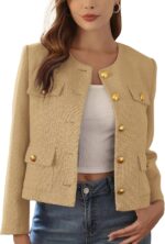 M.Infisavo 2025 Women Tweed Jacket Cropped Blazers Fall Winter Elegant Round Neck Pockets Business Casual Outfit - Image 2