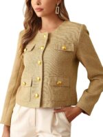 M.Infisavo 2025 Women Tweed Jacket Cropped Blazers Fall Winter Elegant Round Neck Pockets Business Casual Outfit - Image 7