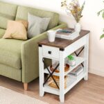 Narrow End Table with Charging Station - Farmhouse Slim Side Table Set of 2, w/USB Ports Power Outlets, Nightstand w/Flip Top Storage Drawer, for Small Spaces Living Room Bedroom, Brown White - Image 3