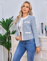 Women's Tweed Blazers Cropped Long Sleeve Crewneck Open Front Lace Trim Lightweight Plaid Work Business Jackets - Image 6