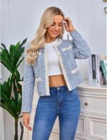 Women's Tweed Blazers Cropped Long Sleeve Crewneck Open Front Lace Trim Lightweight Plaid Work Business Jackets - Image 5