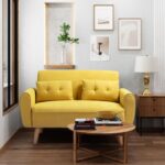 Shintenchi 47" Small Modern Loveseat Couch Sofa, Fabric Upholstered 2-Seat Sofa, Love Seat Furniture with 2 Pillows, Wood Leg for Small Space, Living Room, Bedroom, Apartment, Yellow - Image 2