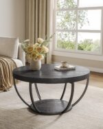 LITTLE TREE Round Coffee Table, 32" Circle Coffee Table for Living Room, 2-Tier Wood Accent Center Table with Open Storage Industrial Design Home Furniture (Black) - Image 3