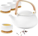 ZENS Modern Japanese Tea Set, 27 oz Ceramic Japanese Teapot with Fine Stainers and 4 Cups for Loose Leaf Tea Steeper, Wood Handle Matte Japanese Teapots Hot Tea Brewer for Tea Party Women Gifts - Image 2