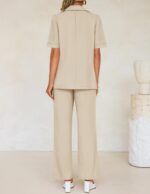 ZESICA Women's 2025 Casual 2 Piece Outfits Short Sleeve Blazer Jacket and Wide Leg Pants Loose Business Suit Sets - Image 4