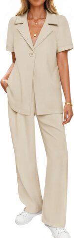 ZESICA Women's 2025 Casual 2 Piece Outfits Short Sleeve Blazer Jacket and Wide Leg Pants Loose Business Suit Sets - Image 2