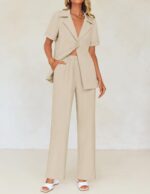 ZESICA Women's 2025 Casual 2 Piece Outfits Short Sleeve Blazer Jacket and Wide Leg Pants Loose Business Suit Sets - Image 3