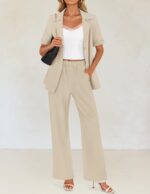 ZESICA Women's 2025 Casual 2 Piece Outfits Short Sleeve Blazer Jacket and Wide Leg Pants Loose Business Suit Sets - Image 5