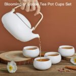 ZENS Modern Japanese Tea Set, 27 oz Ceramic Japanese Teapot with Fine Stainers and 4 Cups for Loose Leaf Tea Steeper, Wood Handle Matte Japanese Teapots Hot Tea Brewer for Tea Party Women Gifts - Image 3
