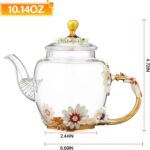 Glass Teapot -300 ml (10 oz), Flower Decoration Heat Resistant Glass Teapot Kettle with Golden Leaf Edge Color Floral Pattern Retro Teapot Tea Party Set (Pink) - Image 3