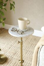 Adjustable-Height Marble Drink Table - 10x10x22-30, White Marble & Antique Brass, Modern Round End Table, Side Table with Pedestal Stand for Small Spaces, Vintage Metal Martini Cocktail Accent - Image 8