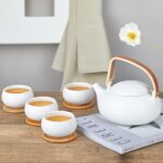 ZENS Modern Japanese Tea Set, 27 oz Ceramic Japanese Teapot with Fine Stainers and 4 Cups for Loose Leaf Tea Steeper, Wood Handle Matte Japanese Teapots Hot Tea Brewer for Tea Party Women Gifts - Image 5