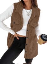 EVALESS Long Fleece Vest Women Sleeveless Sherpa Jacket Winter Cloting for Women Warm Button Down Coat Outerwear - Image 2