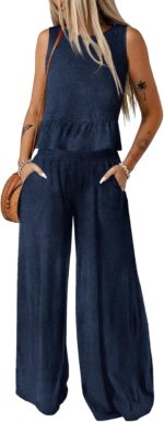 Dokotoo Pants Sets Women 2 Piece Outfits Sleeveless Round Neck Tank Tops Matching Sets for Women Elastic Waist Wide Leg - Image 2