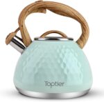 Tea Kettle, Toptier Teapot Whistling Kettle with Wood Pattern Handle Loud Whistle, Food Grade Stainless Steel Tea Pot for Stovetops Induction Diamond Design Water Kettle, 2.7-Quart Light Green - Image 2
