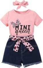 Kids Toddler Girls Summer Clothes Leopard Butterfly Print T-Shirt + Belted Denim Jeans Shorts 3PCS Outfits - Image 2