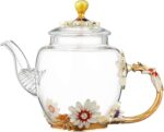 Glass Teapot -300 ml (10 oz), Flower Decoration Heat Resistant Glass Teapot Kettle with Golden Leaf Edge Color Floral Pattern Retro Teapot Tea Party Set (Pink) - Image 2