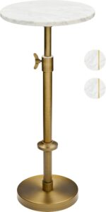 Adjustable-Height Marble Drink Table - 10x10x22-30, White Marble & Antique Brass, Modern Round End Table, Side Table with Pedestal Stand for Small Spaces, Vintage Metal Martini Cocktail Accent - Image 2