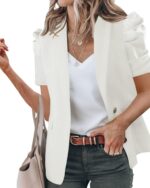Newffr Womens Summer Blazers Casual Short Puff Sleeve Open Front Office Blazers Bussiness Jackets Work Suit - Image 2