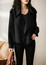 chouyatou Women's Fall Casual Cropped Wool Coat Open Front Loose Dressy Blazer Jacket Short Trench Coat - Image 3