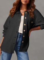 Dokotoo Womens Cable Knit Lightweight Shacket Button Down Shirts Long Sleeve Casual Oversized Blouses Tops - Image 4