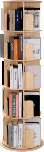 Rotating Bookshelf, 360 Display Corner Bookshelf for Small Space, 5 Tier Floor Standing Bookcase Storage Rack, Wood Narrow Organizer for Bedroom, Living Room, Study Room, Kids&Adults Solid - Image 2