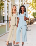 ZESICA Women's 2025 Casual 2 Piece Outfits Short Sleeve Blazer Jacket and Wide Leg Pants Loose Business Suit Sets - Image 8