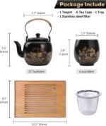 Dujust Japanese Tea Set, Black Porcelain Tea Set with 1 Teapot Set, 6 Tea Cups, 1 Tea Tray, 1 Stainless Infuser, Beautiful Asian Tea Sets for Adults, Tea Lover/Women/Men (Countryside in Golden) - Image 6