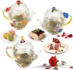 Glass Teapot -300 ml (10 oz), Flower Decoration Heat Resistant Glass Teapot Kettle with Golden Leaf Edge Color Floral Pattern Retro Teapot Tea Party Set (Pink) - Image 7