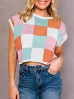 Saodimallsu Womens Cap Sleeve Crop Tops Summer Color Block Going Out Crew Neck Knit Trendy Casual Sweater - Image 6