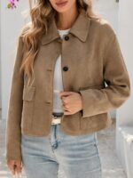 Tankaneo Womens Faux Suede Leather Jackets Casual Cropped Coats Vintage Button Down Shackets - Image 5