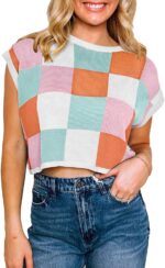 Saodimallsu Womens Cap Sleeve Crop Tops Summer Color Block Going Out Crew Neck Knit Trendy Casual Sweater - Image 3