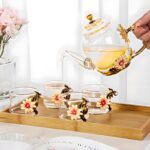 Glass Teapot -300 ml (10 oz), Flower Decoration Heat Resistant Glass Teapot Kettle with Golden Leaf Edge Color Floral Pattern Retro Teapot Tea Party Set (Pink) - Image 6