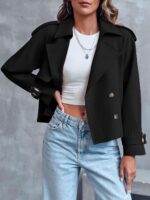 Saodimallsu Women Crop Double Breasted Trench Coat Raglan Sleeve Work Office Cropped Jacket With Pockets - Image 3