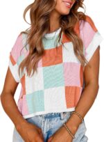 Saodimallsu Womens Cap Sleeve Crop Tops Summer Color Block Going Out Crew Neck Knit Trendy Casual Sweater - Image 2