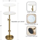 Adjustable-Height Marble Drink Table - 10x10x22-30, White Marble & Antique Brass, Modern Round End Table, Side Table with Pedestal Stand for Small Spaces, Vintage Metal Martini Cocktail Accent - Image 4