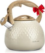 Tea Kettle Stovetop Teapot, 2.5 Quart Loud Whistle Food Grade Stainless Steel and Smooth Wood Pattern Handle, Sophisticated Look for Hiking, Picnic, for Tea, Coffee Milky White - Image 2