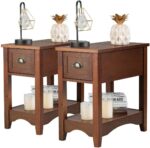 Giantex End Table with Drawer Set of 2, Retro Narrow Side Table, Nightstand with Solid Wood & Storage Shelf, Bedside Table for Living Room Bedroom Small Space Home Office (2, Walnut) - Image 2