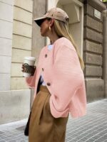 Tweed Jackets for Women Fall Long Sleeve Business Button Down Casual Cropped Blazer with Pockets - Image 3