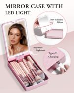 Makeup Brushes with Case, 20PCs Travel Makeup Brush Set, Foundation Concealer Blush Eyeshadow Brush Set Contour Powder Eyebrow Eyelash Brush Kit with Led Light Mirror Holder & 2 Powder Puff-Pink - Image 5