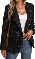 Mina Self 2025 Fall Women's Tweed Plaid Blazer Jacket - Fully Lined Fashion Business Casual Lapel Elegant Coat with Pockets - Image 2