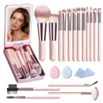 Makeup Brushes with Case, 20PCs Travel Makeup Brush Set, Foundation Concealer Blush Eyeshadow Brush Set Contour Powder Eyebrow Eyelash Brush Kit with Led Light Mirror Holder & 2 Powder Puff-Pink - Image 2