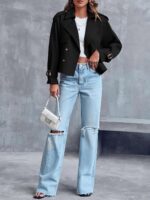 Saodimallsu Women Crop Double Breasted Trench Coat Raglan Sleeve Work Office Cropped Jacket With Pockets - Image 5