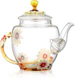 Glass Teapot -300 ml (10 oz), Flower Decoration Heat Resistant Glass Teapot Kettle with Golden Leaf Edge Color Floral Pattern Retro Teapot Tea Party Set (Pink) - Image 5