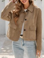 Tankaneo Womens Faux Suede Leather Jackets Casual Cropped Coats Vintage Button Down Shackets - Image 4