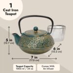 Juvale Cast Iron Tea Kettle with Infuser - 34 oz, Sage Green Floral - Loose Leaf Tea Infuser Pot & Japanese Cast Iron Teapot - Image 5
