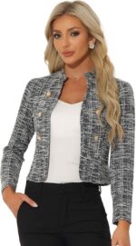 Allegra K Vintage Tweed Jackets for Women's Stand Collar Business Open Front Cropped Blazer Jacket - Image 2
