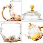 Glass Teapot -300 ml (10 oz), Flower Decoration Heat Resistant Glass Teapot Kettle with Golden Leaf Edge Color Floral Pattern Retro Teapot Tea Party Set (Pink) - Image 4