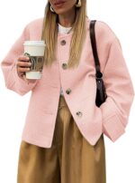 Tweed Jackets for Women Fall Long Sleeve Business Button Down Casual Cropped Blazer with Pockets - Image 2
