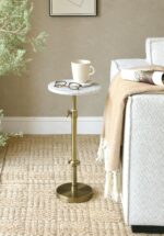Adjustable-Height Marble Drink Table - 10x10x22-30, White Marble & Antique Brass, Modern Round End Table, Side Table with Pedestal Stand for Small Spaces, Vintage Metal Martini Cocktail Accent - Image 3